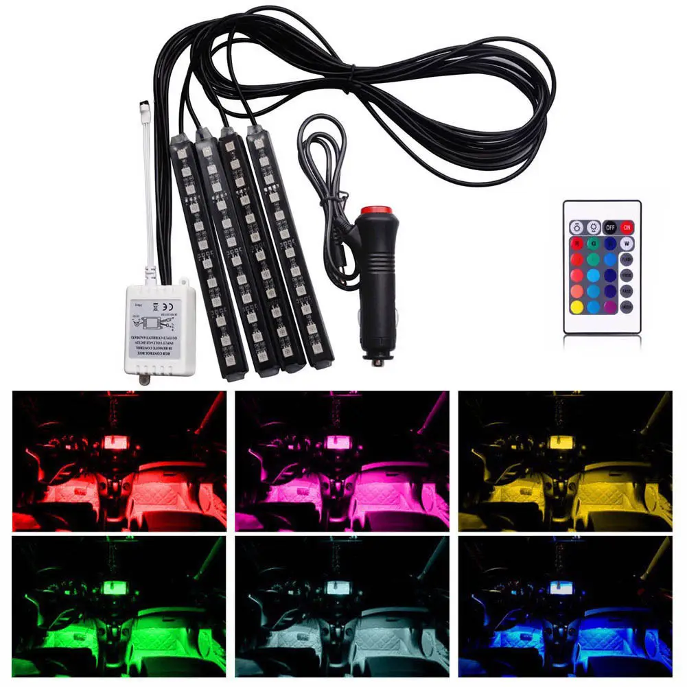 RGB 4pcs/set 12LED Car Interior Atmosphere Neon Light Strip Wireless Remote Control