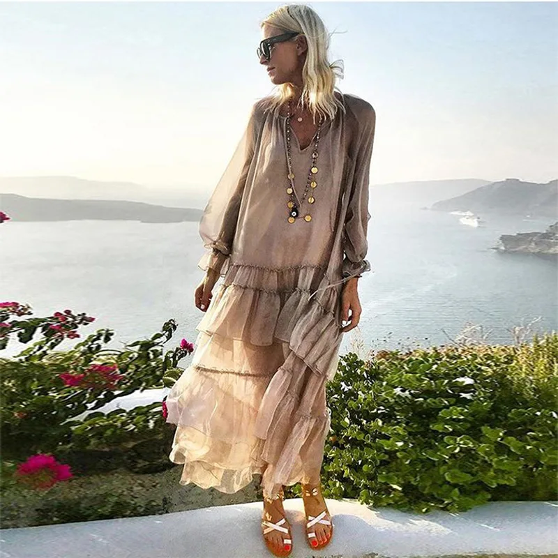 Sexy See Through V Neck Bohemian Beach Dresses Long Sleeve Patchwork Maxi Runway Dress Holidays Spring Vestido Plus Size | Женская