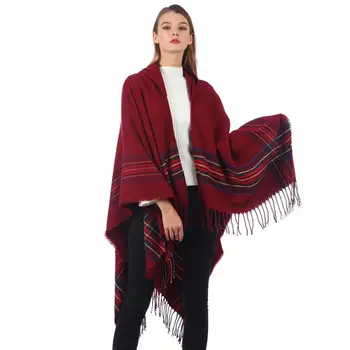 

2019 Hot Fashion Women Jacquard Tassel Fringed Stripe Knitted Shawl Cardigan Coat Blanket Poncho Cape Top