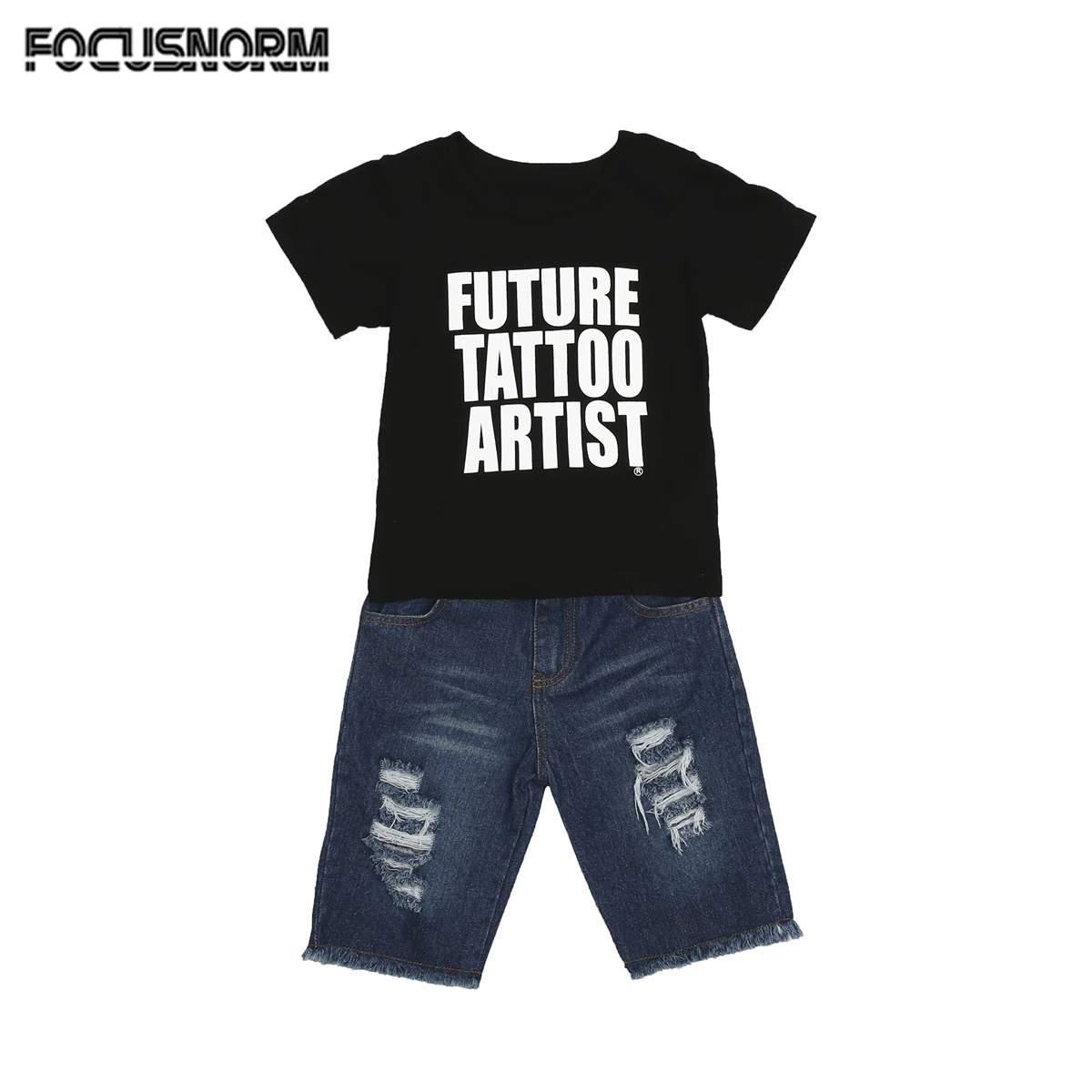 2Pcs Toddler Kids Baby Boys Letter Tops T-Shirt Ripped Denim Pants Short Pant Set Outfits Clothes |