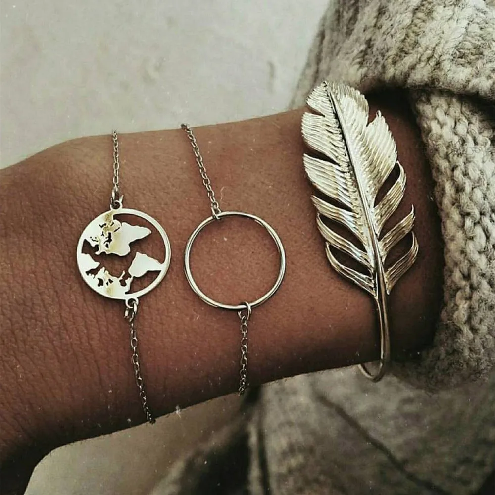 

DIEZI Vintage Feather map Charm Bracelets Bangles For Women Fashion Silver Color Boho Chain Bracelets Sets Jewelry Party Gifts