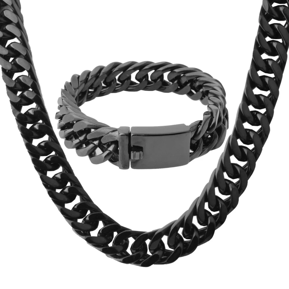 

15mm Cool Heavy 316L Stainless Steel Silver/Gold/Black Cuban Curb Link Chain Men's Necklace 24" And Bracelet 8.66" Jewelry Sets