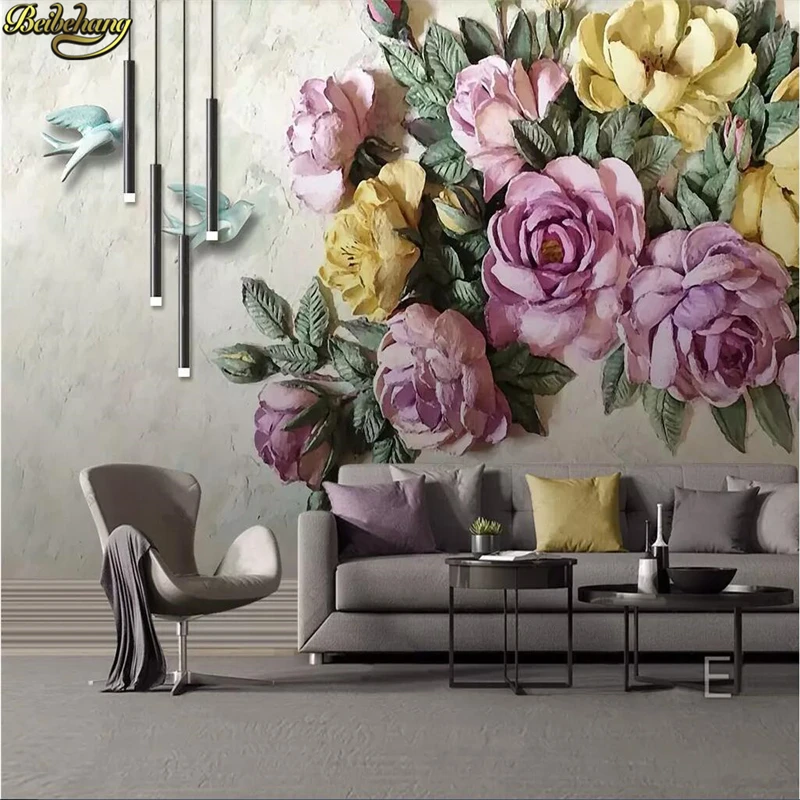 

beibehang Custom wallpaper mural European 3D embossed rose flower bird wall decorative painting papel de parede papel pintado