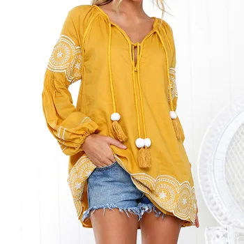 Embroidery Loose Blouse Women Casual Long Sleeve Tassel Tie Shirt 2018 Open Front V-neck Streetwear Yellow Tunic Top Blusa
Embroidery Loose Blouse Women Casual Long Sleeve Tassel Tie Shirt 2018 Open Front V-neck Streetwear Yellow Tunic Top Blusa