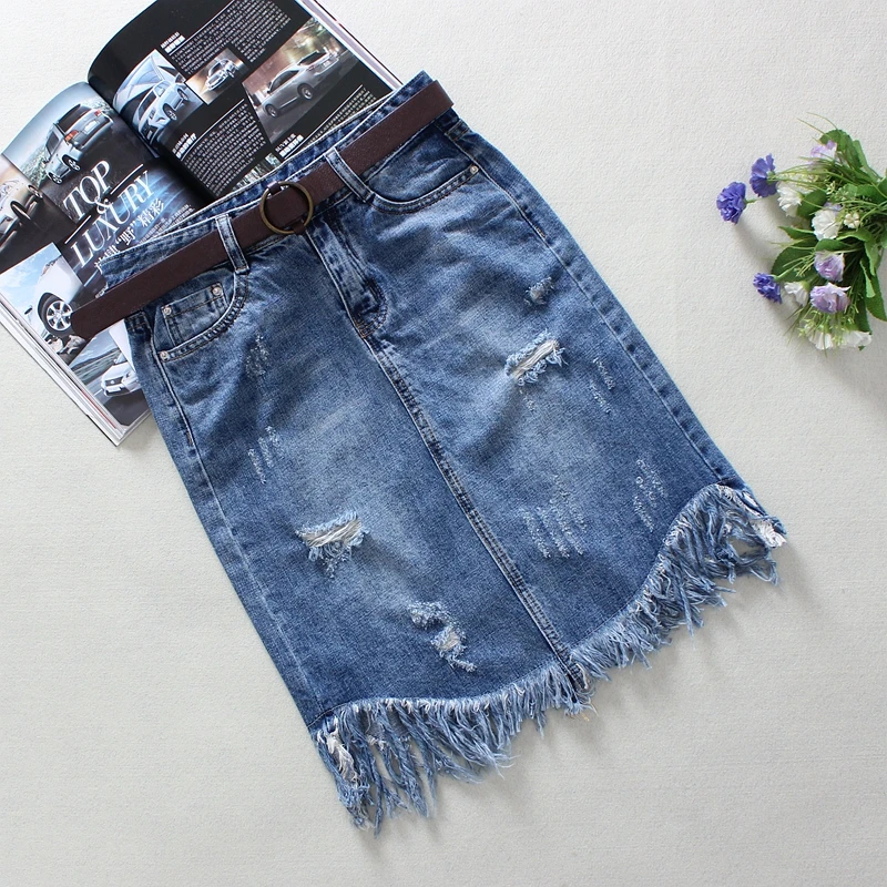 2019 Blue Jeans Skirts Womens Spring Summer Tassel Hole Irregular Bottom 100% Cotton High Waist Knee-Length Denim Skirts 29911
2019 Blue Jeans Skirts Womens Spring Summer Tassel Hole Irregular Bottom 100% Cotton High Waist Knee-Length Denim Skirts 29911