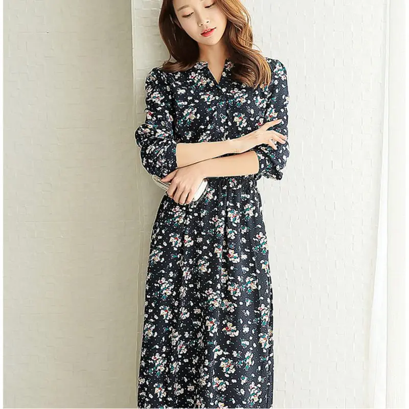 Women Floral Print Elegant V Collar Dresses Autumn Long Sleeves Loose Casual Dress
Women Floral Print Elegant V Collar Dresses Autumn Long Sleeves Loose Casual Dress