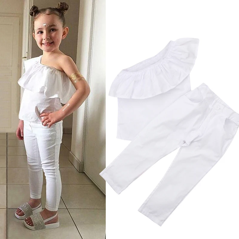 Girls Clothing Set White Off Shoulder T-shirt Tops Jeans 2Pcs Suit Leisure Sports Style Cowboy Pants Clothes Suit
Girls Clothing Set White Off Shoulder T-shirt Tops Jeans 2Pcs Suit Leisure Sports Style Cowboy Pants Clothes Suit