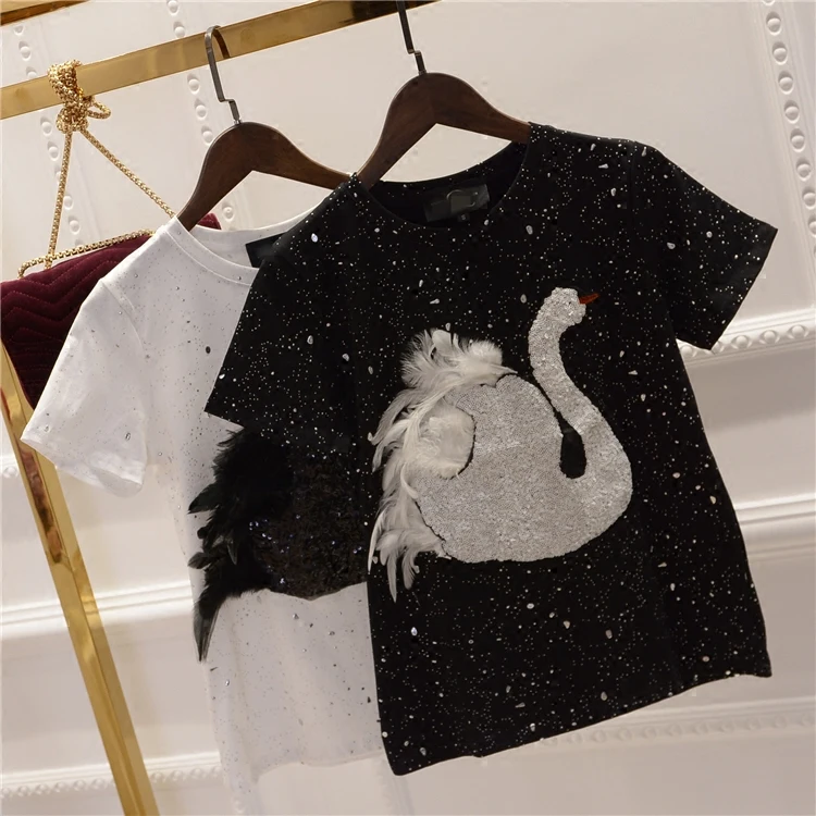 2019 New Fashion Stereo Feather Snowflake Sequined Cotton Shirt Women's Short Sleeve Swan Tees All-match Students Tops
2019 New Fashion Stereo Feather Snowflake Sequined Cotton Shirt Women's Short Sleeve Swan Tees All-match Students Tops