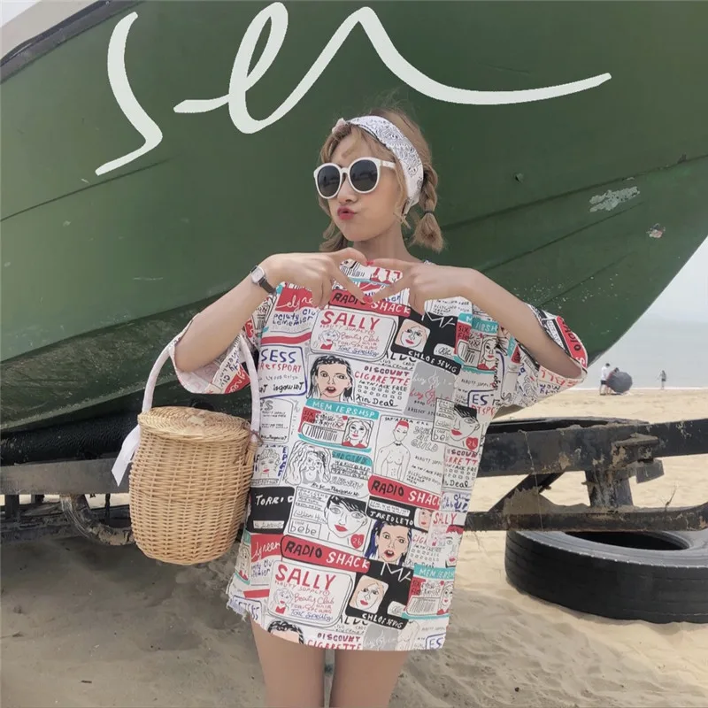 Casual Stylish Women Character Letter Printing Full Coverage Beach T-shirt Hip Hop Style Half Sleeve Loose T-shirt O-Neck Tops
Casual Stylish Women Character Letter Printing Full Coverage Beach T-shirt Hip Hop Style Half Sleeve Loose T-shirt O-Neck Tops