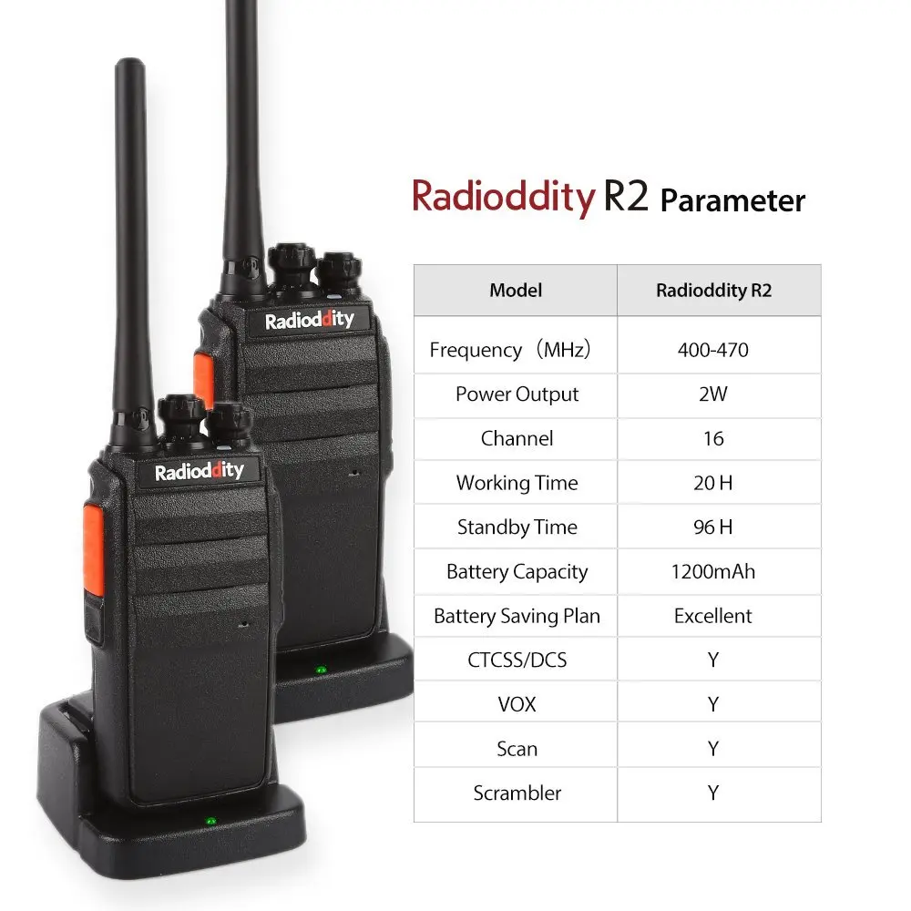 

2 PCS Radioddity R2 Two-Way Radio UHF 400-470MHz 16 CH Scrambler VOX Rechargeable Long Range Transceiver Walkie Talkies Earpiece