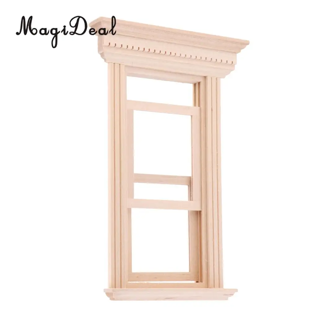 4 Set 1/12 Unpainted Wood Movable 2-Pane Sash Window & Frame & Glass Sheet Dolls House Room Fairy Garden Decor