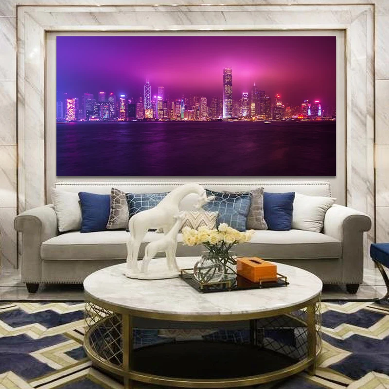 

Modern Landscape Posters and Prints Wall Art Canvas Painting Hong Kong Night Scene Picture for Living Room Cuadros Decoracion