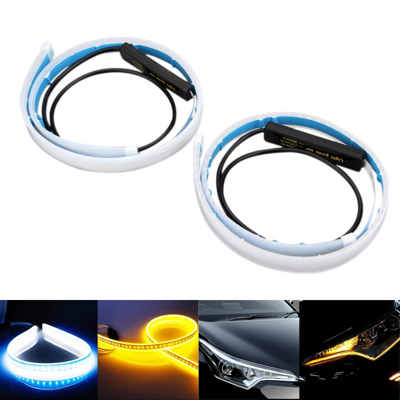 

2PCS X 60cm 10W 3014SMD LED Switchback Headlight Sequential DRL Light Strip Tube White &Yellow Daytime Running Turn Signal Light