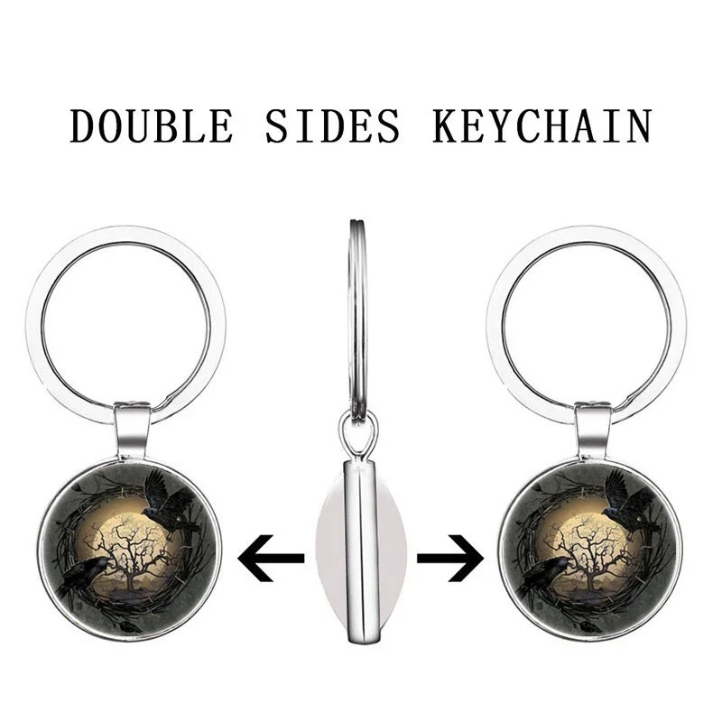 keychain Crow Double Sides Photo Tibet Silver Cabochon Glass Pendant key rings
