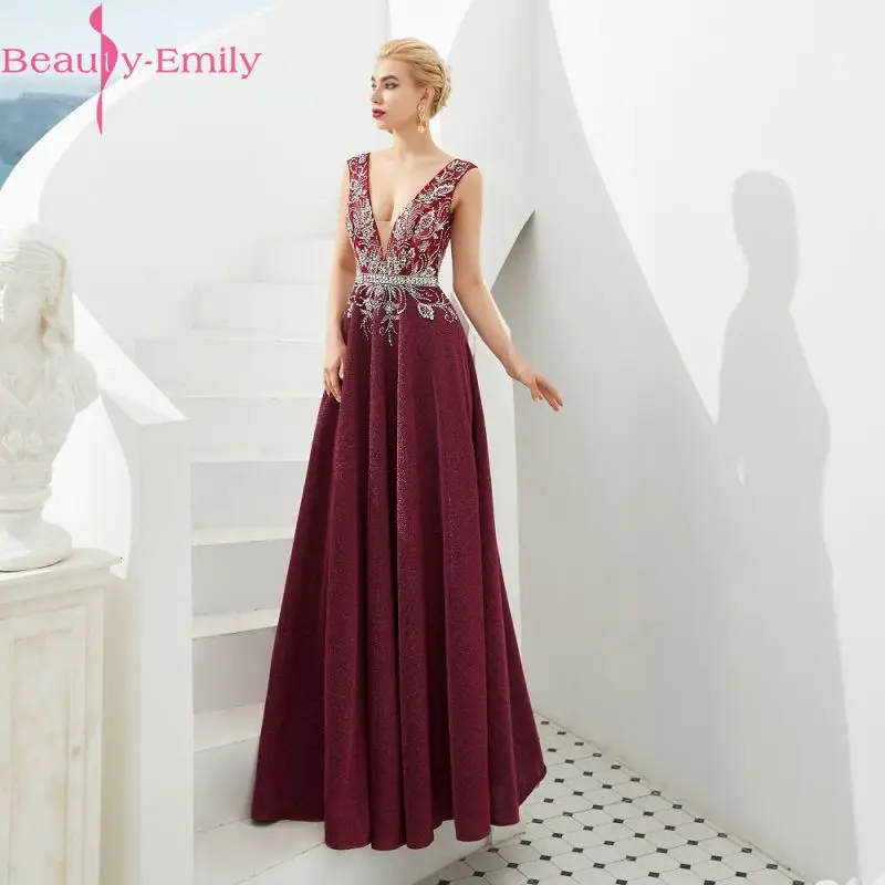 

Beauty Emily Evening Dress Long 2020 V-Neck Sleeveless A-Line Floor-Length Evening Party Prom Dress Formal Gowns