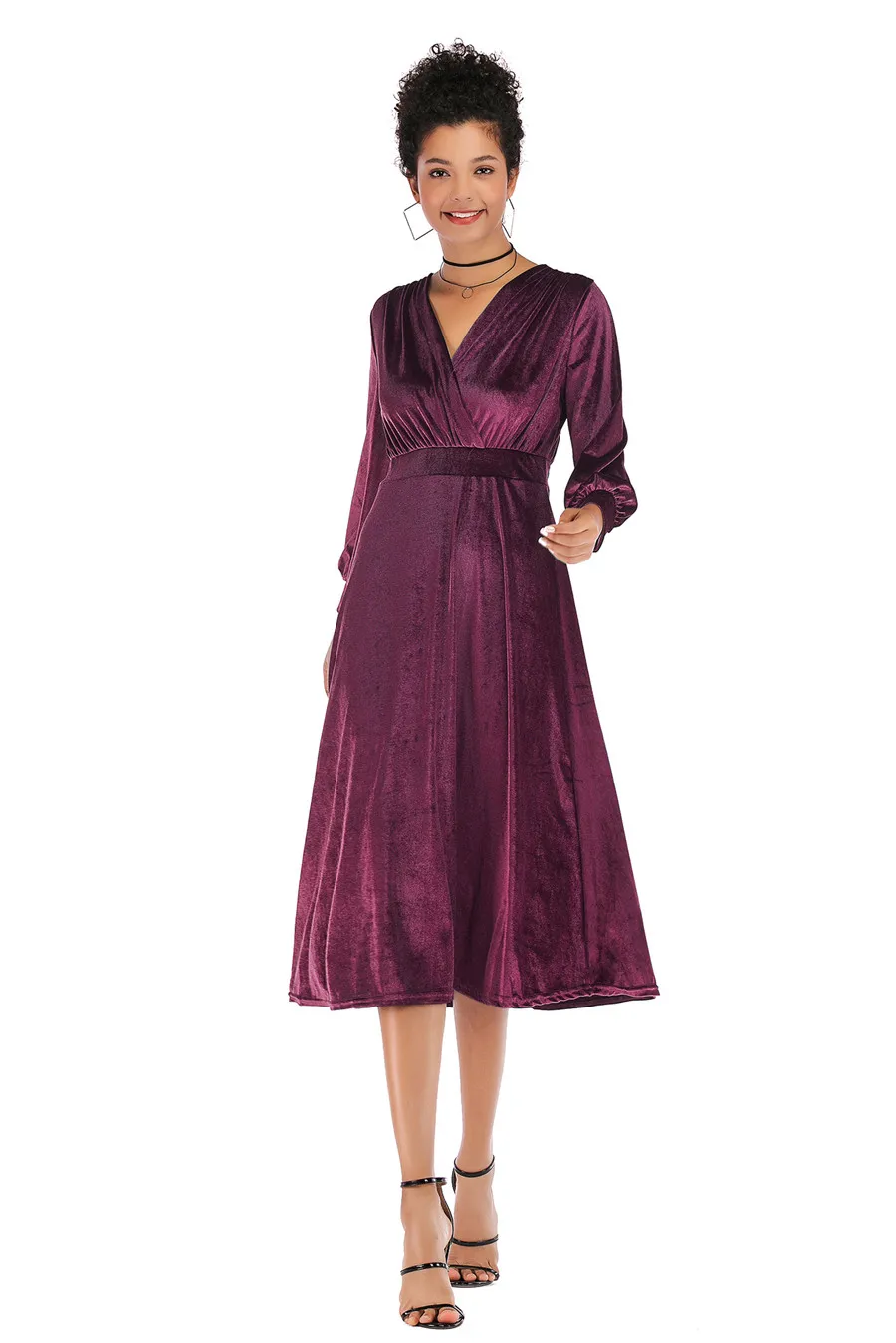 Gladiolus 2018 Autumn Winter Dress Women Long Sleeve V-Neck Tunic Swing Midi Sexy Gold Velvet Dress Women Evening Party Dresses (10)