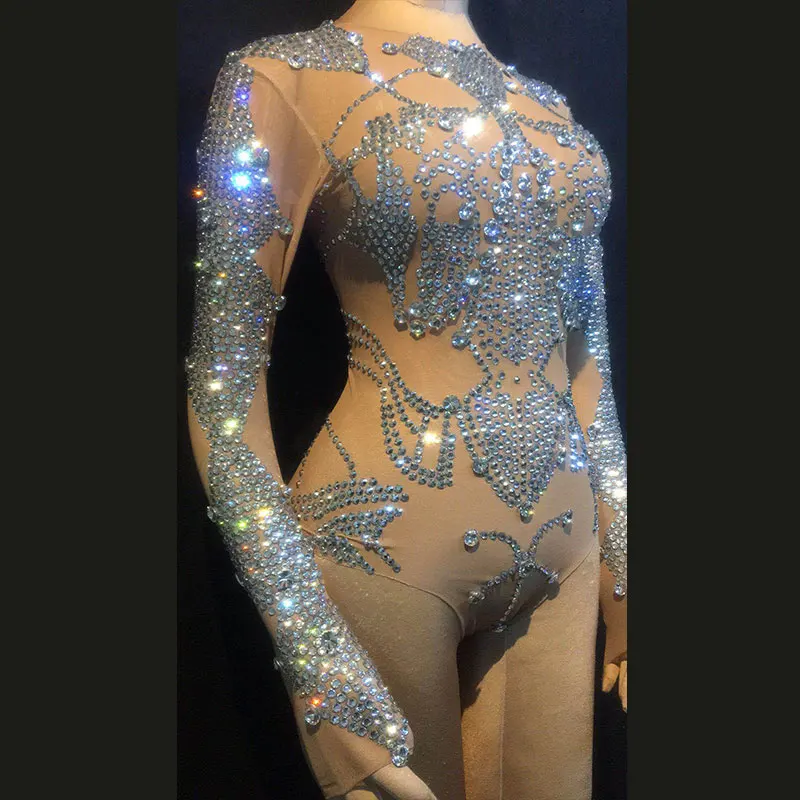 Sparkly Rhinestones Bodysuit Nude see through Performance Outfit Party Celebrate Glisten crystals Stretch Leotard Stage Wear 
Sparkly Rhinestones Bodysuit Nude see through Performance Outfit Party Celebrate Glisten crystals Stretch Leotard Stage Wear