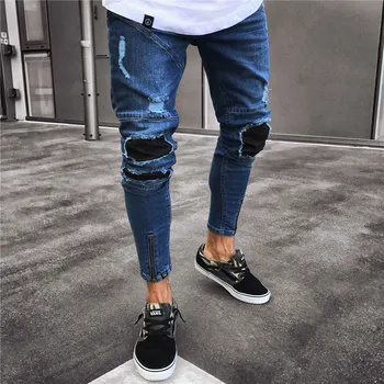 

Men's Stretchy Ripped Biker Jeans Taped Slim Fit Denim Pants Skinny Distressed Destroyed Hip hop Zipper Jeans With Holes Trouser