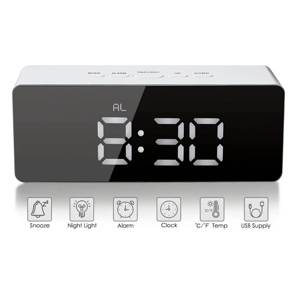 Unique Mirror Alarm Clock USB Charging LED Table Lamp Thermometer Function Digital Clocks with LED Night Light
Unique Mirror Alarm Clock USB Charging LED Table Lamp Thermometer Function Digital Clocks with LED Night Light