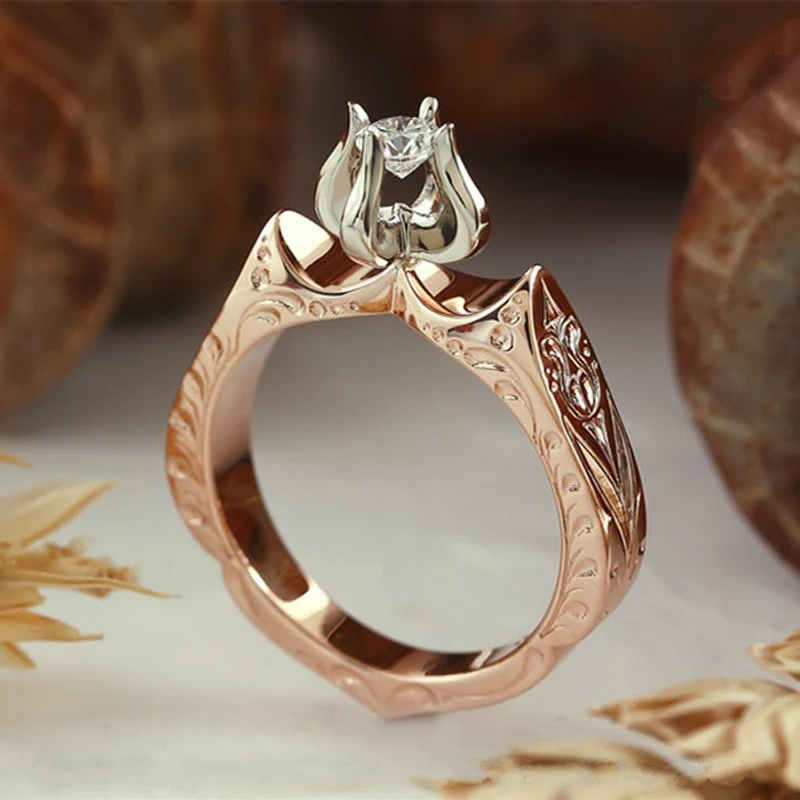 

Unique Creative Design Lotus Princess Rings Chic Delicate Lotus Flower Engagement Rings Women Promise Jewelry Inlaid CZ Stone