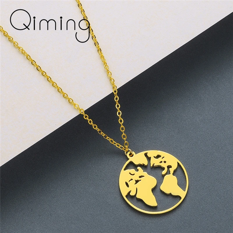 

World Map Globe Necklace Women Fashion Stainless Steel Friendship Pendant Necklace Statement Jewelry Men Collier