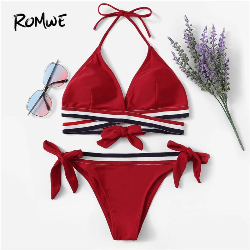 Romwe Sport Red Striped Trim Halter Top With Tie Side Bikini Knot Triangle Halter Top Swimwear Women Summer Beach Sexy Bikini
Romwe Sport Red Striped Trim Halter Top With Tie Side Bikini Knot Triangle Halter Top Swimwear Women Summer Beach Sexy Bikini