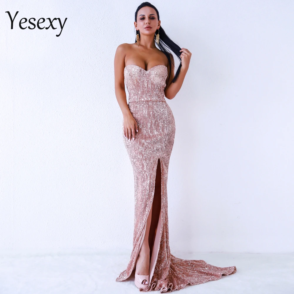 

Yesexy 2019 Sexy BRA Off Shoulder Sequin High Split Dresses Female Backless Dress Maxi Elegant Party Dress Vestdios VR9188
