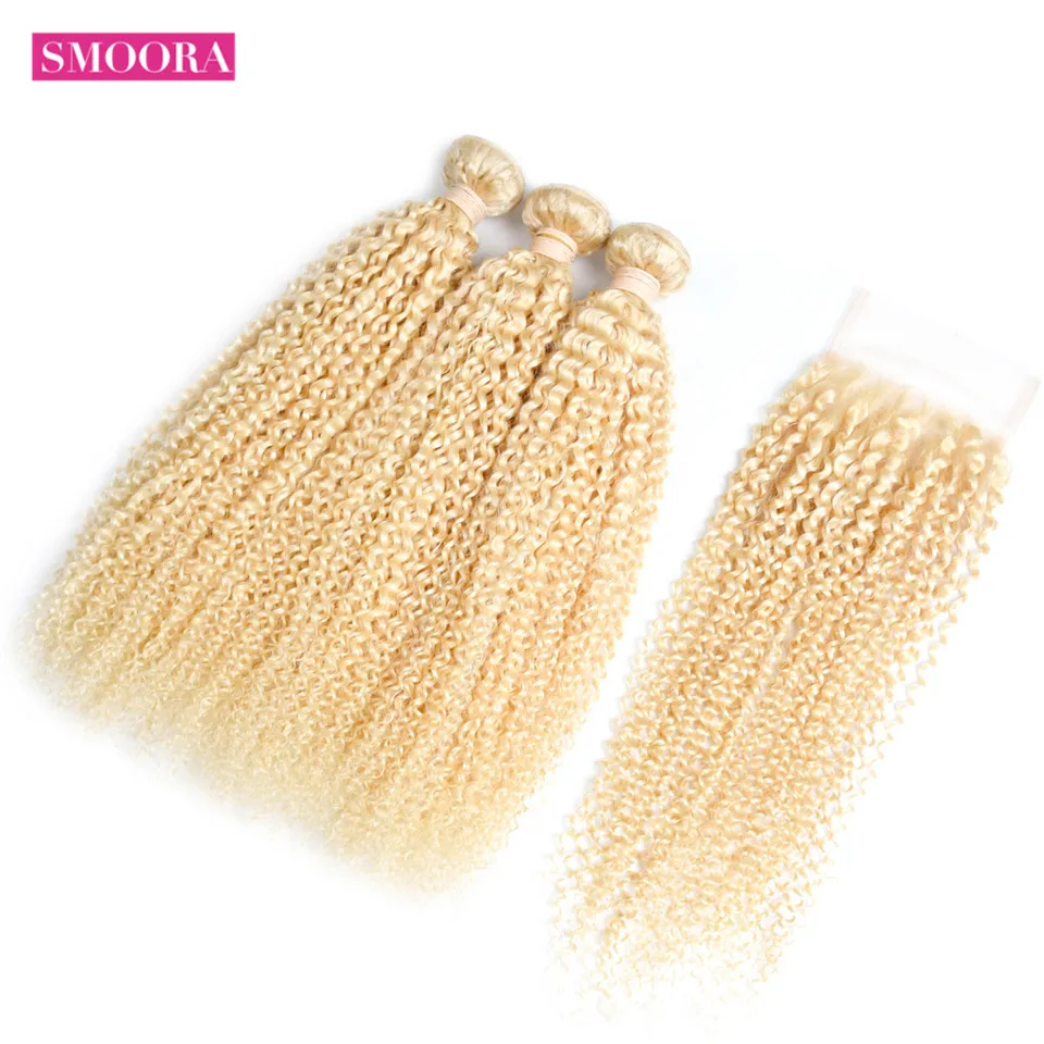 

Smoora 613 Blonde Kinky Curly Hair Bundle with Closure Peruvian Human Light Blonde Hair Bundle with Closure Free Part Non Remy