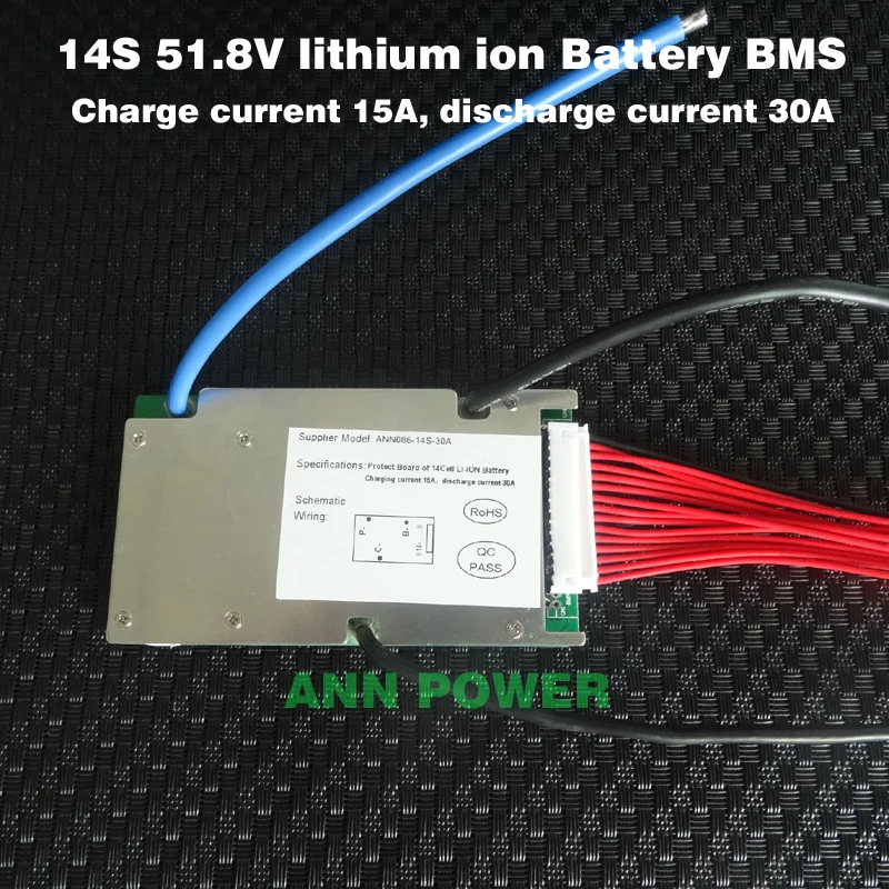 

Free Shipping! 51.8V lithium ion battery bms 3.7V 14S 30A BMS with the balance function Different charge and discharge port