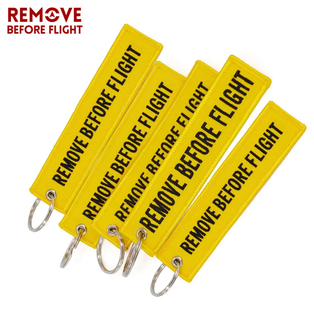 

Aviation Gift Remove Before Flight Key Fob llaveros Important Things Tag Yellow Embroidery OEM Key Chian Jewelry llavero 5PCS