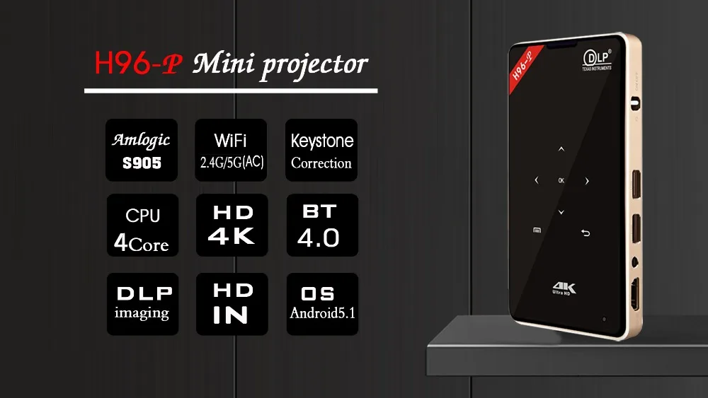 02 H96-P Amlogic S905 4K DLP project double wifi Bluetooth4.0 touch button keystone correction hd in OS5.1