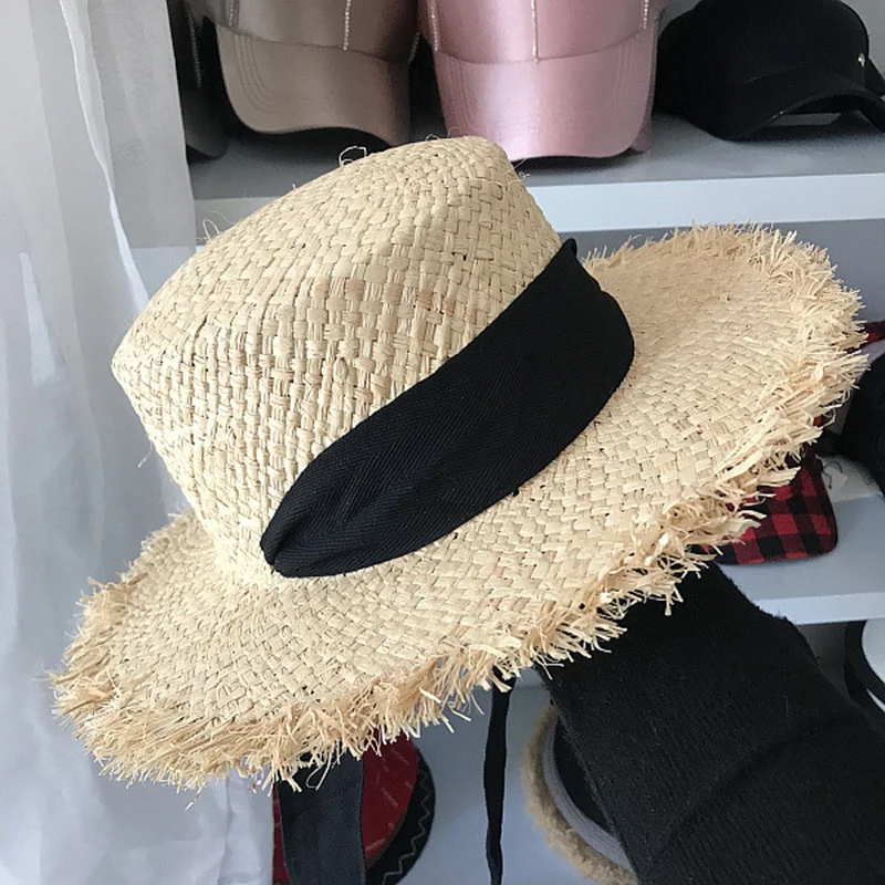 

Women's Weave Raffia Sun Hats Wide Brim Summer Beach Hat White Black Ribbon Lace Up Straw Hats Kentucky Derby Boater Hats