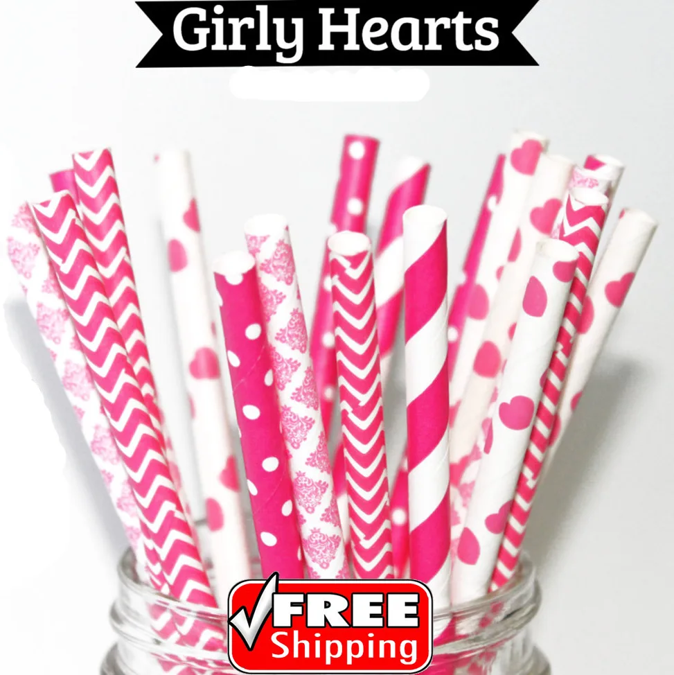 

250pcs Mixed 5 Designs Girly Hearts Themed Paper Straws-Hot Pink-Striped,Chevron,Dot,Heart,Damask-Party Wedding Valentine Bulk