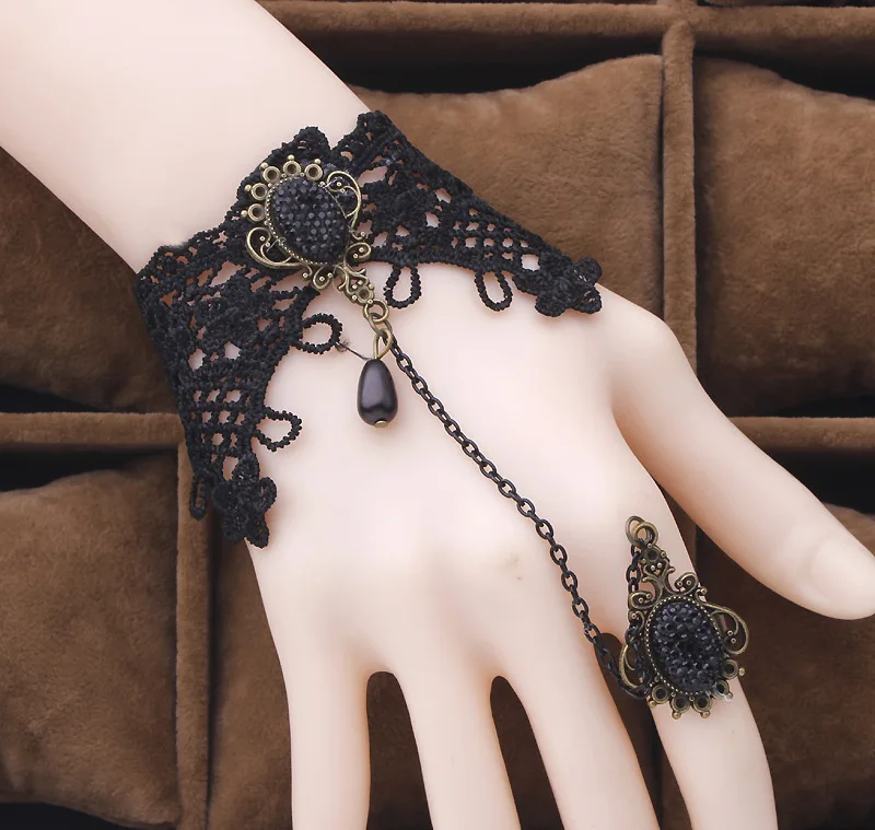 Black Rhinestone Lace Bracelet Retro Gothic Style Vampire Slave Bangle Fancy Hand Chain Costume
