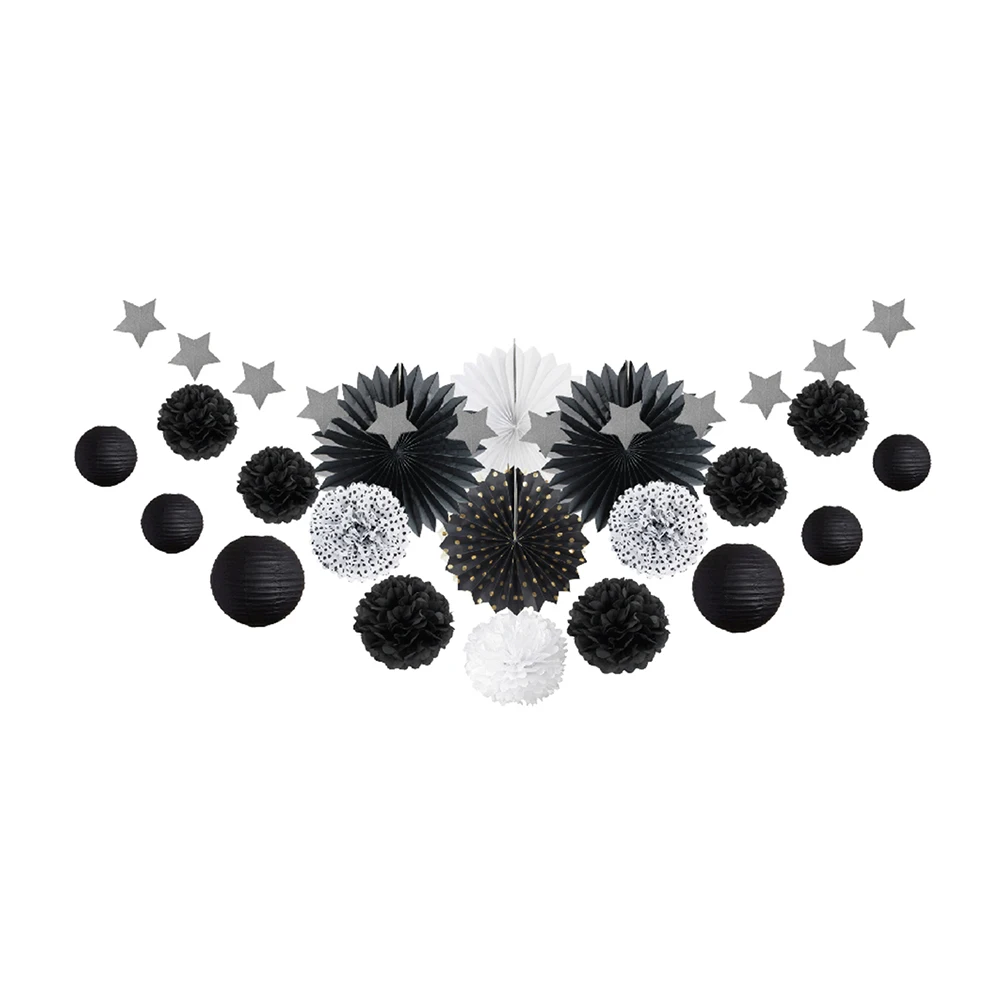 20pcs Black Party Decoration Kit Paper Fans Rosette Lanterns Pom Pom Flowers Silver Star Garland for Wedding Birthday Graduation
20pcs Black Party Decoration Kit Paper Fans Rosette Lanterns Pom Pom Flowers Silver Star Garland for Wedding Birthday Graduation