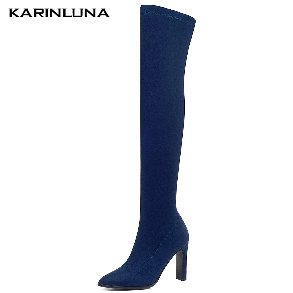 Karinluna Over The Knee Boots Flock Stretch Women Shoes High Heels Autumn Winter Shoes Lady Party Sexy Long Boots Plus Size 43