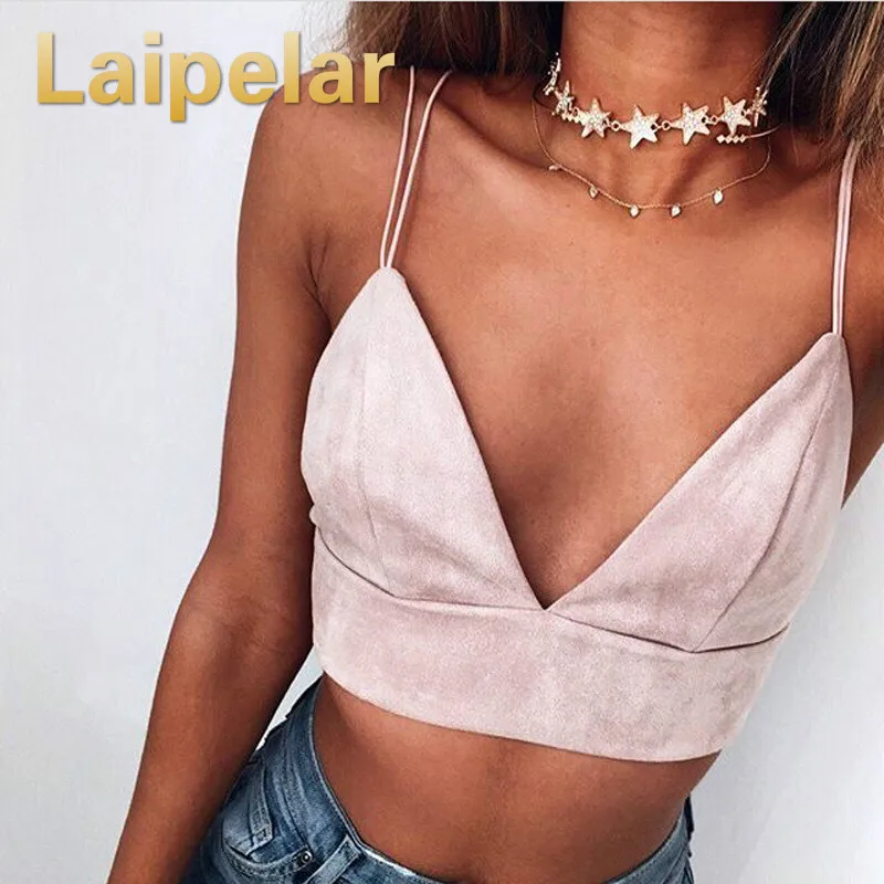 

Laipelar 2018 Summer Bralette Crop Top Sexy Pink Strappy Suede Cami Camisole Casual Women Tops