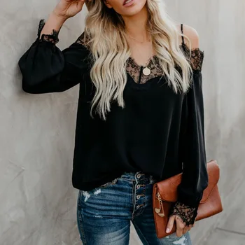 Women Sexy Sling Strapless V Collar Lace Stitching Trim Solid Color Long Sleeve Chiffon Blouse
Women Sexy Sling Strapless V Collar Lace Stitching Trim Solid Color Long Sleeve Chiffon Blouse