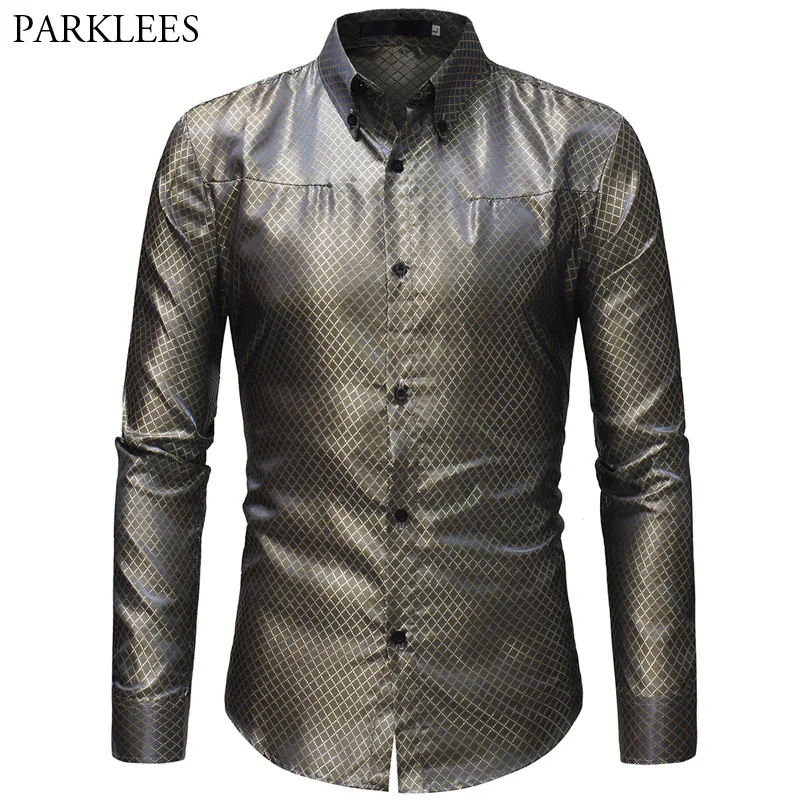 Shiny Plaid Shirt Men Trend Spring Luxury Long Sleeve Mens Gold Button Down Dress Shirts Nightclub Party Hipster Social Clothing
Shiny Plaid Shirt Men Trend Spring Luxury Long Sleeve Mens Gold Button Down Dress Shirts Nightclub Party Hipster Social Clothing