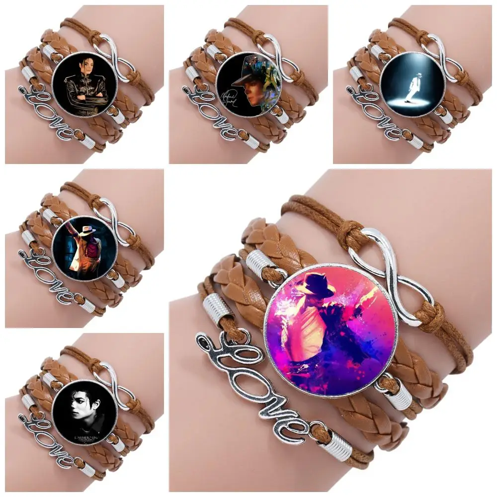 

Michael Jackson Glass Cabochon Newest Jewelry Vintage Statement Multilayer Black/Brown Leather Bracelet Bangle For Women Choker