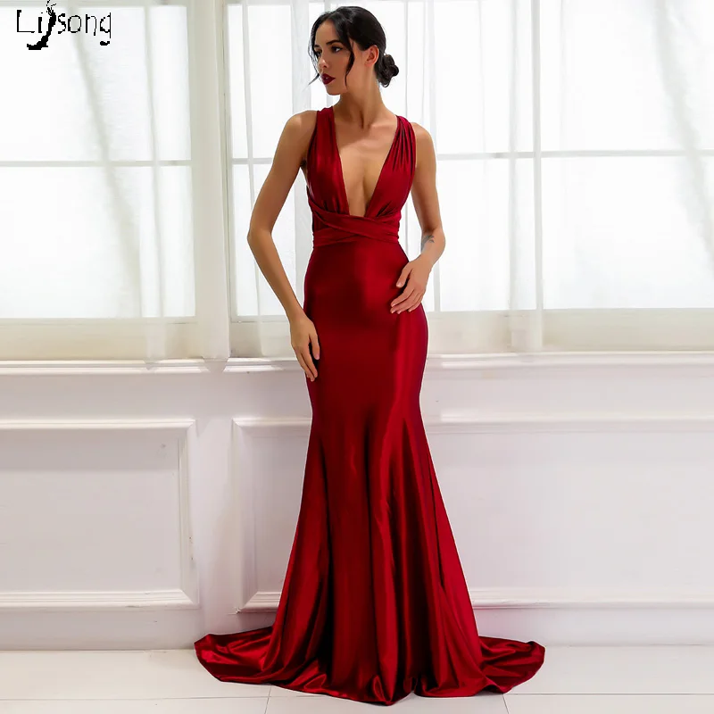 

Simple Burgundy Cross Back Mermaid Prom Dress Tied Ribbon Sashes Sheath Sexy Formal Maxi Gowns Vestidos de Noiva Red Carpet Gown