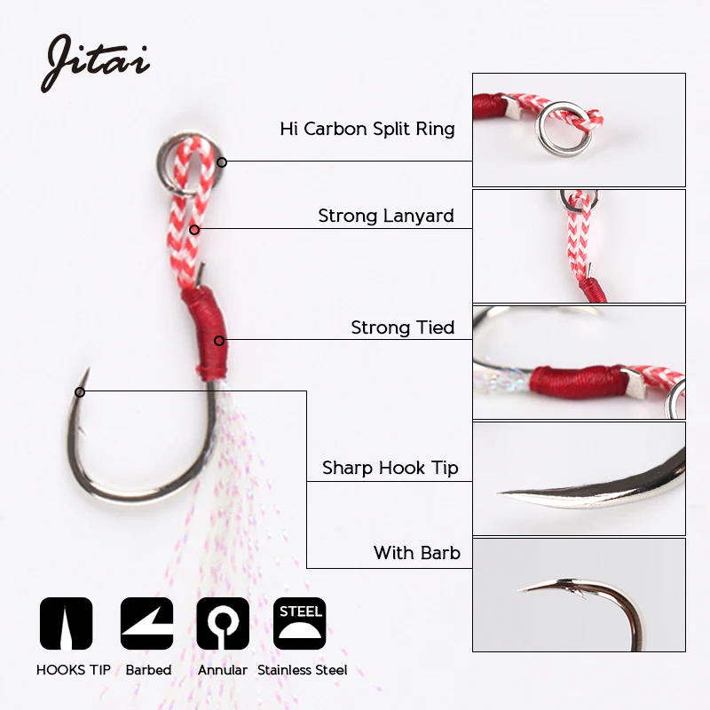JITAI Metal Stainless Steel Jig Hooks Assist Bait Fishing Hooks With Line Split Ring For Saltwater Jig Fishing 12 14 16 18 Size
JITAI Metal Stainless Steel Jig Hooks Assist Bait Fishing Hooks With Line Split Ring For Saltwater Jig Fishing 12 14 16 18 Size