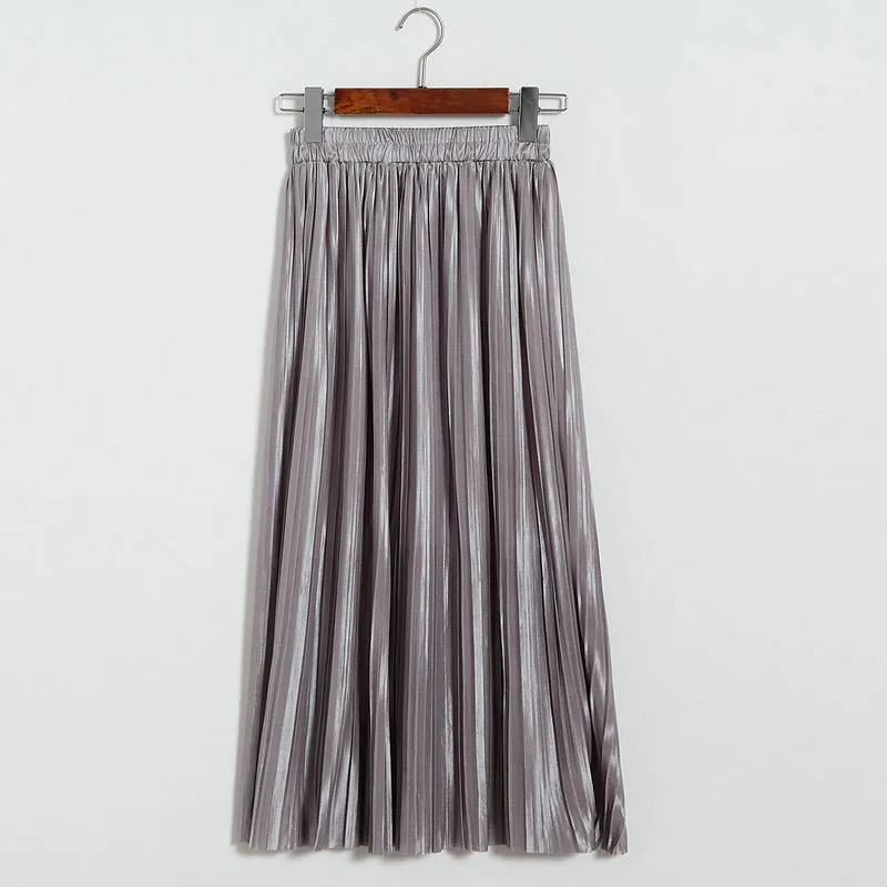 Lustrous pleated skirt metallic mid-length skirt for women of fall 2017 new Korean style joker long skirt (7)