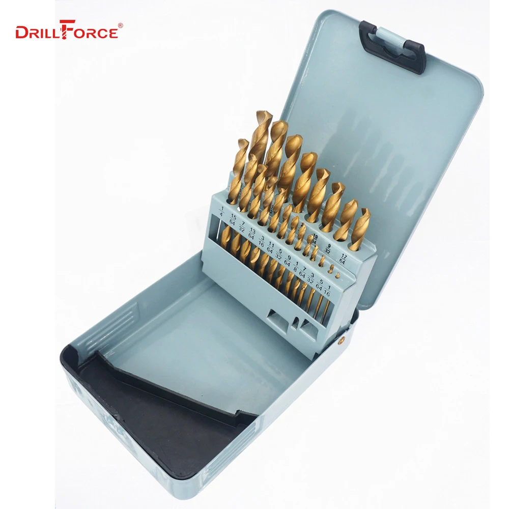 Drillforce 21PCS 1/16"-3/8" HSS Twist Titanium Coated Hand Drill Bit Wood Woodworking Tools Set for Metal Drilling Round Shank 
Drillforce 21PCS 1/16"-3/8" HSS Twist Titanium Coated Hand Drill Bit Wood Woodworking Tools Set for Metal Drilling Round Shank