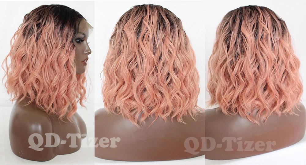 QD-Tizer Short Wavy Synthetic Lace Front Wig Bob Wig Pink Cosplay Lace Front Wigs For Black Women 6