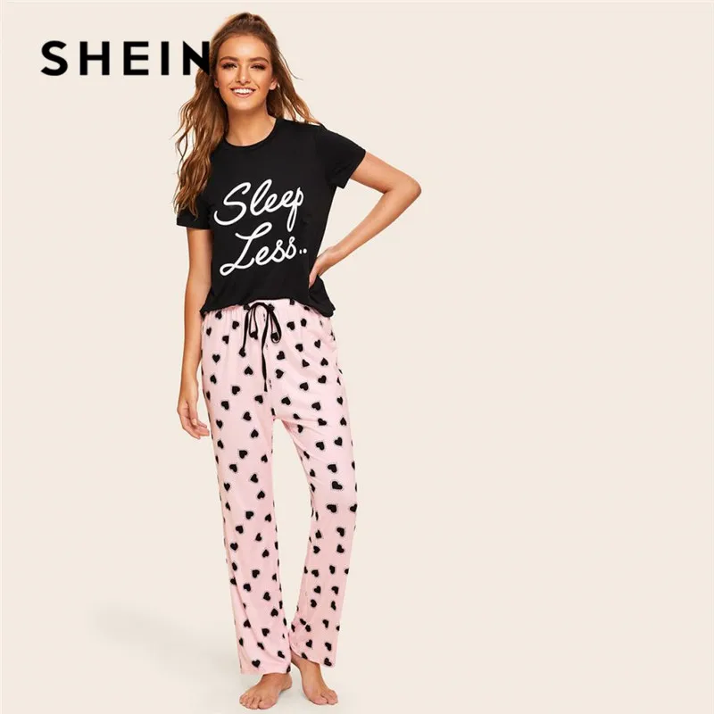 SHEIN Топ С Текстовым Принтом И Брюки Поясом Пижама Женские Весенние Многоцветные
