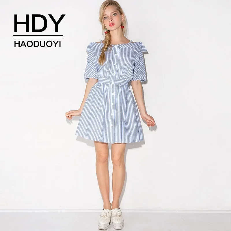 HDY Haoduoyi 2019 New Summer Fashion Mini Sweet Shoulder Stripe Ruffle Strapless Simple A-line Button Slash Neck Shirt Dress
HDY Haoduoyi 2019 New Summer Fashion Mini Sweet Shoulder Stripe Ruffle Strapless Simple A-line Button Slash Neck Shirt Dress