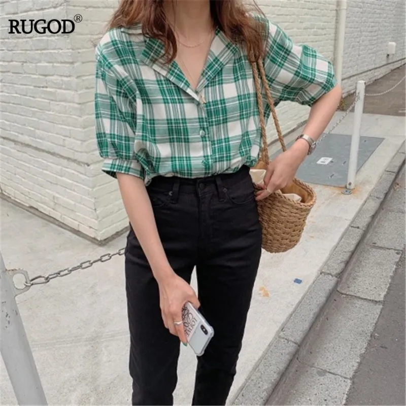 RUGOD 2019 korea summer women vintage plaid notched single breasted puff sleeve blouse casual lady cotton blouse green blouse
RUGOD 2019 korea summer women vintage plaid notched single breasted puff sleeve blouse casual lady cotton blouse green blouse