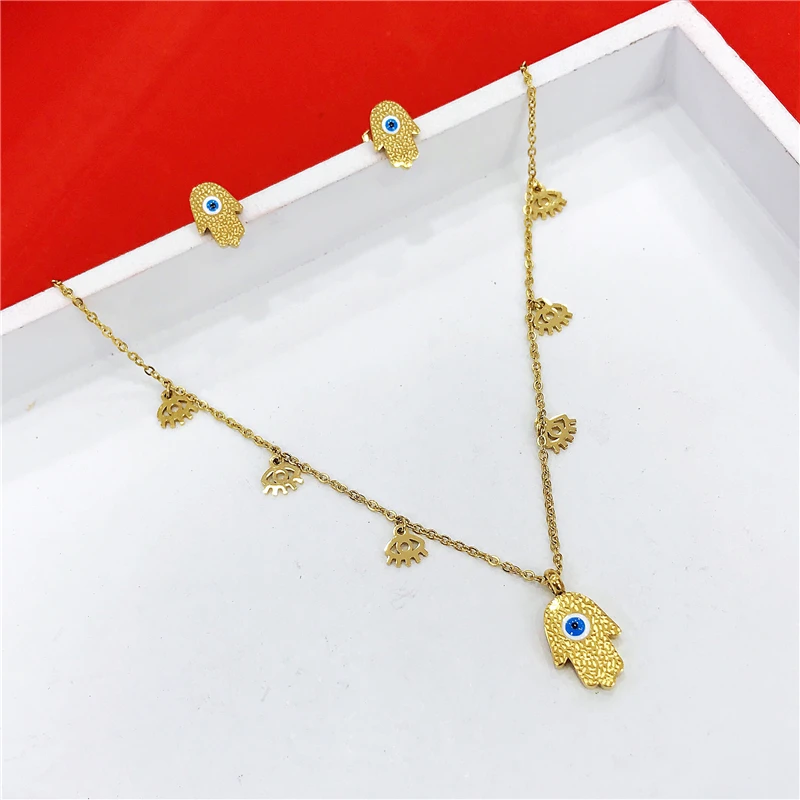 Stainless steel Turkish Evil Eye Hand Hamsa Pendant Necklace Earings Womens Silver Gold Color Jewelry Set Clavicle Link Chains
Stainless steel Turkish Evil Eye Hand Hamsa Pendant Necklace Earings Womens Silver Gold Color Jewelry Set Clavicle Link Chains