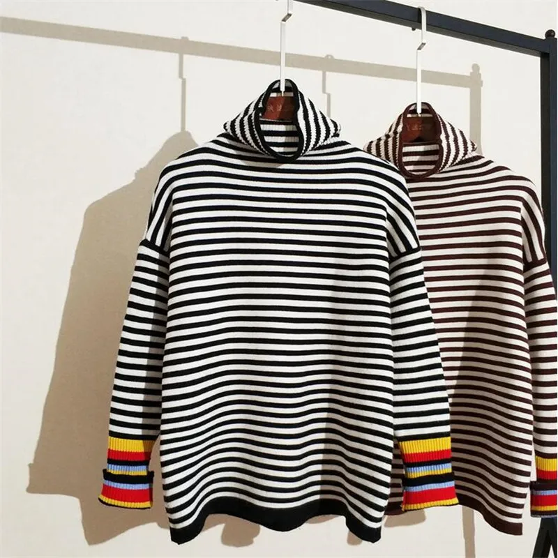 2019 autumn and winter new sweater Korea high collar ins super fashion sweater women loose contrast color striped head retro
2019 autumn and winter new sweater Korea high collar ins super fashion sweater women loose contrast color striped head retro